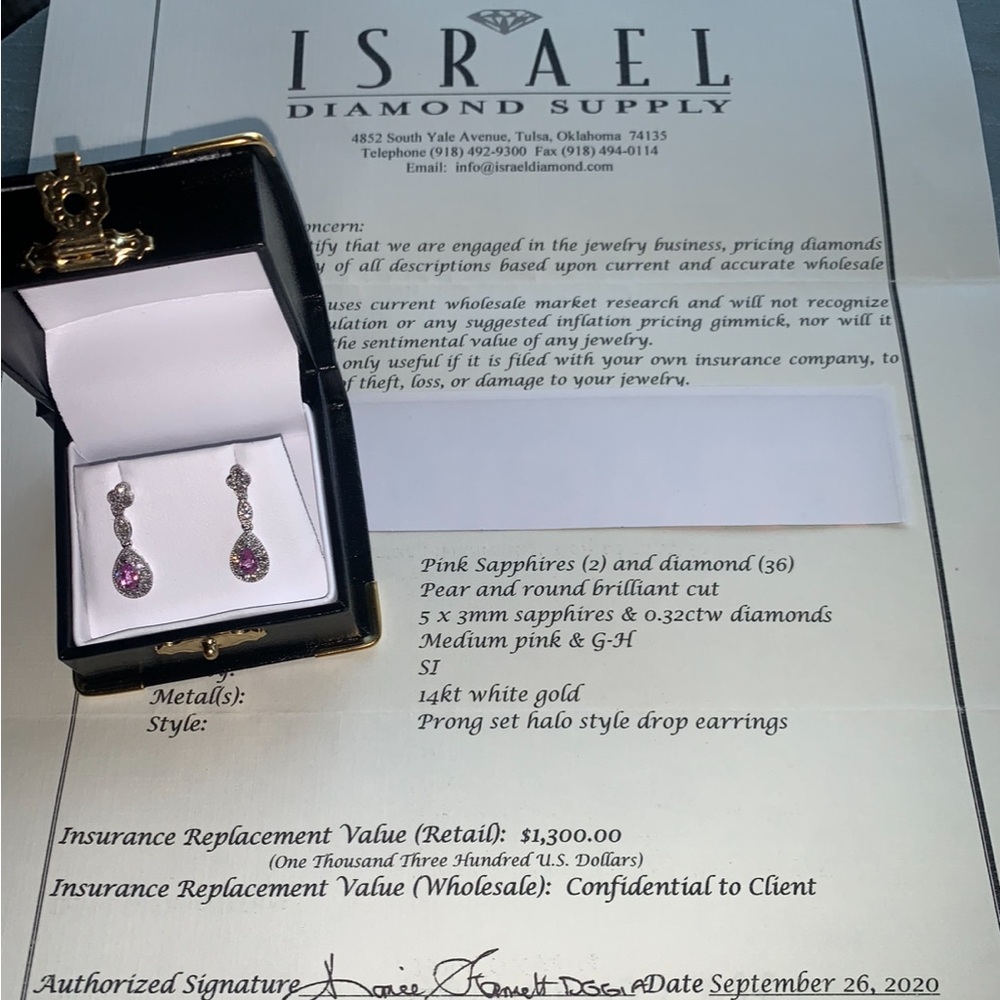 Israel Diamond: NWT and papers: pink sapphire and diamond earrings.